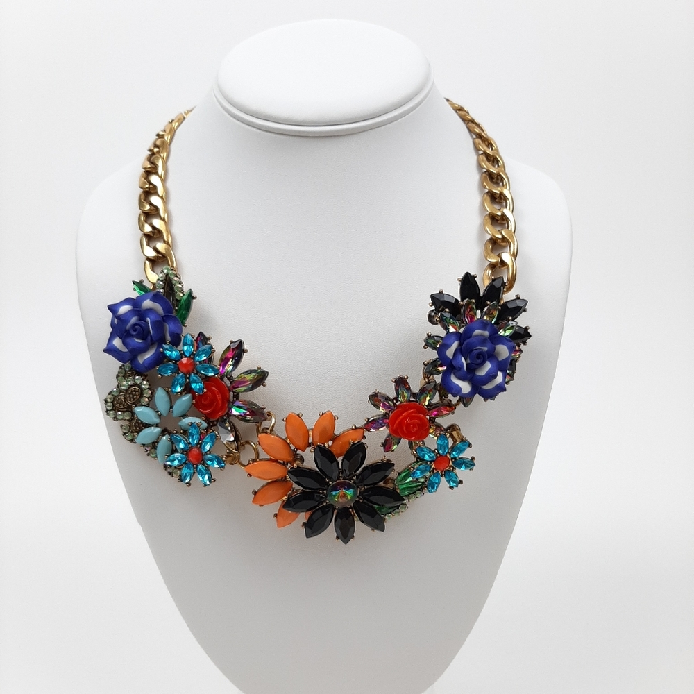 Vintage Joan Rivers Floral Crystal and Metal Statement Necklace Gold Tone Chain